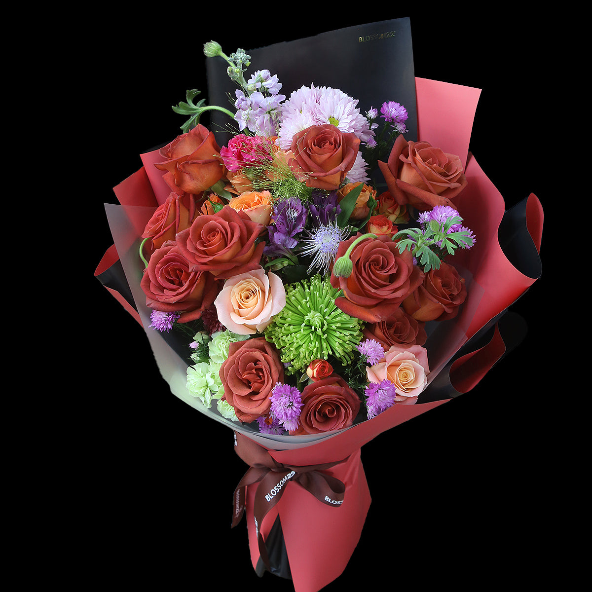 磚紅玫瑰混合花束|Brick Red Rose Combo Bouquet (Amaretto Combo)
