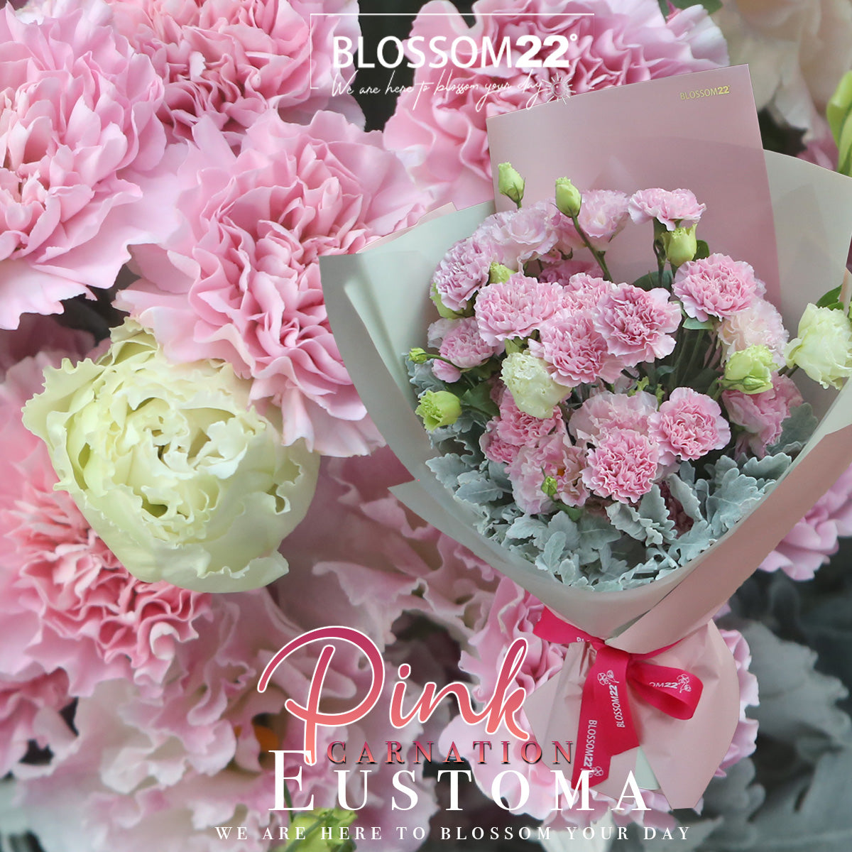 12枝 粉色康乃馨奶粉桔梗鮮花束|12 Pink Carnation Cream Eustoma Bouquet