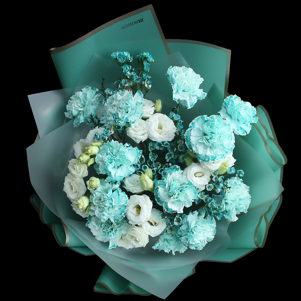 12枝 蒂芬妮藍康乃馨洋桔梗蠟梅花束|12 Tiffany Blue Dyeing Carnation Eustoma Wax Flower bouquet