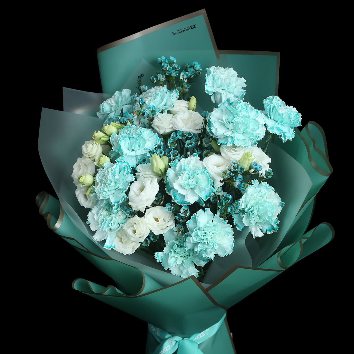 12枝 蒂芬妮藍康乃馨洋桔梗蠟梅花束|12 Tiffany Blue Dyeing Carnation Eustoma Wax Flower bouquet
