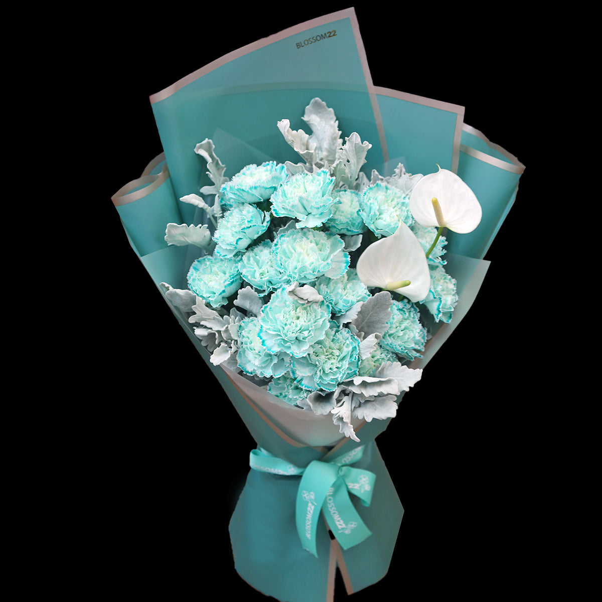 19枝 蒂芬妮藍康乃馨白掌花束|19 Tiffany Blue Dyeing Carnation Peace Lily bouquet
