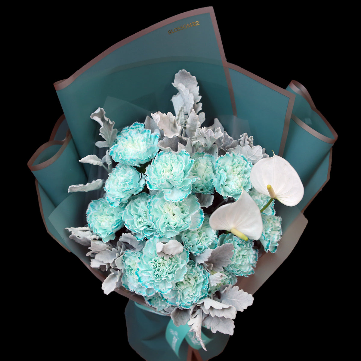 19枝 蒂芬妮藍康乃馨白掌花束|19 Tiffany Blue Dyeing Carnation Peace Lily bouquet
