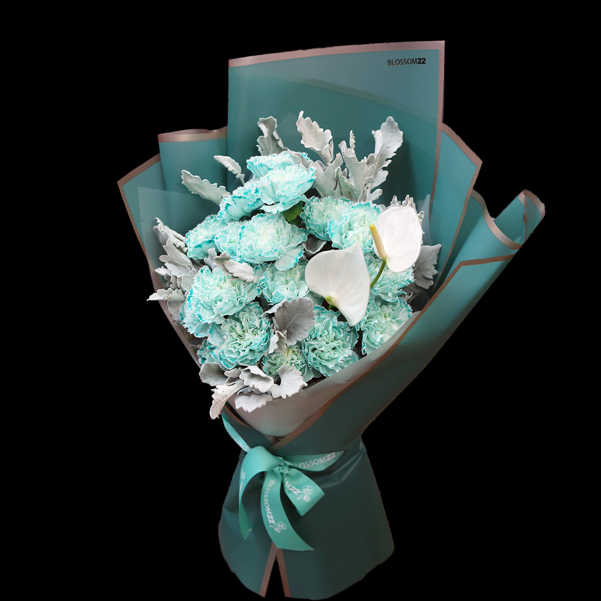 19枝 蒂芬妮藍康乃馨白掌花束|19 Tiffany Blue Dyeing Carnation Peace Lily bouquet
