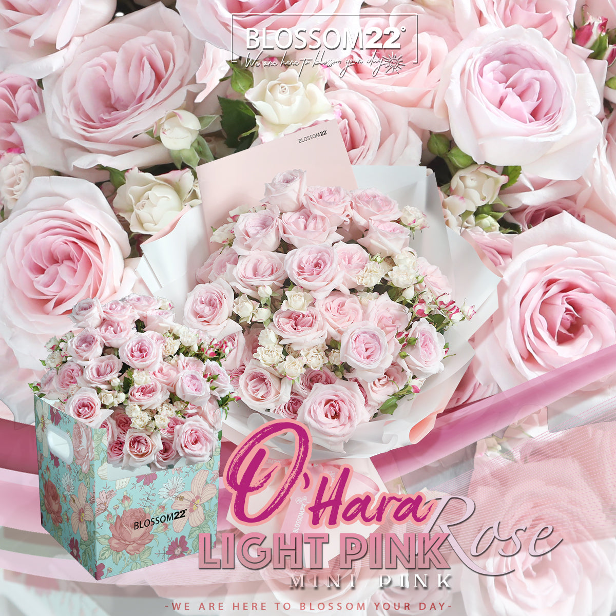 33枝 淺粉及多頭玫瑰花瓶禮盒|33 Light Pink & Mini Pink Roses Vase Boxset (Pink O'Hara)