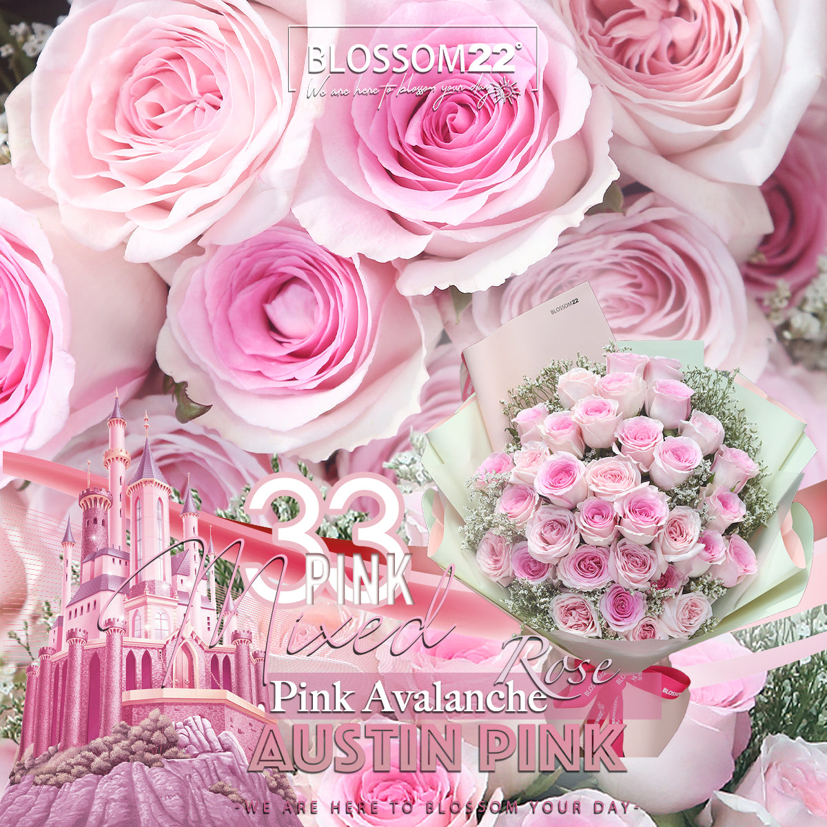 33枝 混色粉玫瑰花束|33 Mixed Pink Roses Bouquet (Princess)