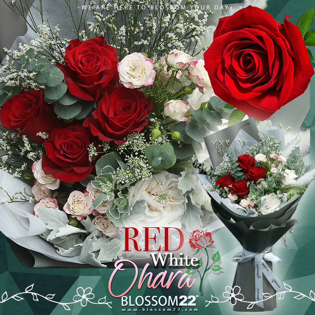 紅玫瑰庭園玫瑰及小玫瑰花束|Red & White Garden Rose freshBouquet