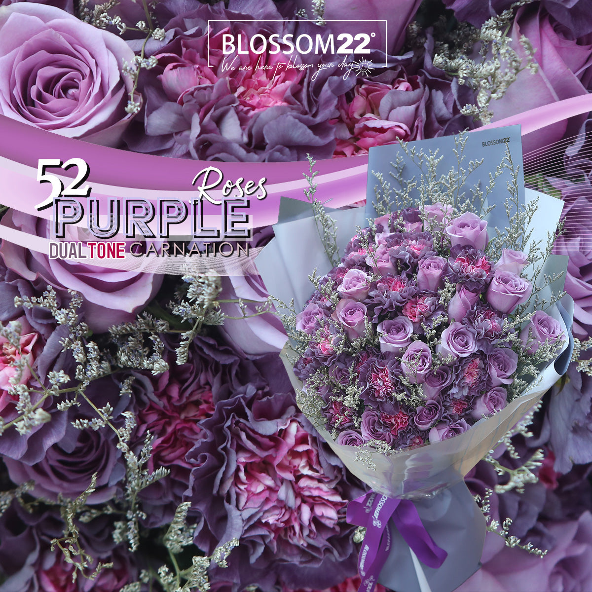 52 紫玫瑰雙色康乃馨花束|52 Purple Roses & Dual Tone Carnation
