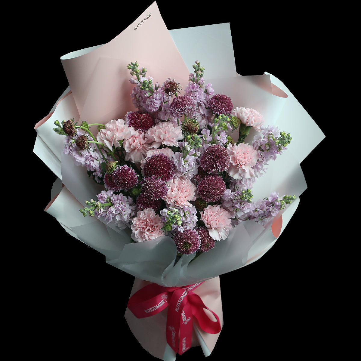 粉康乃馨紫羅蘭松蟲草花束|Pink Carnation Hoary Stock  Scabiosa Bouquet