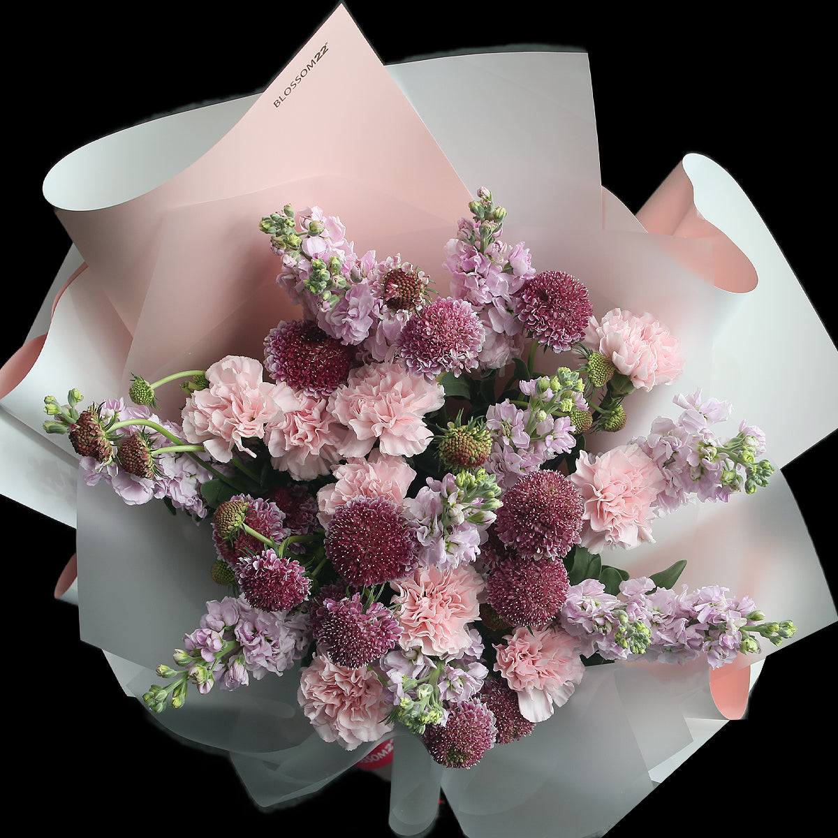粉康乃馨紫羅蘭松蟲草花束|Pink Carnation Hoary Stock  Scabiosa Bouquet