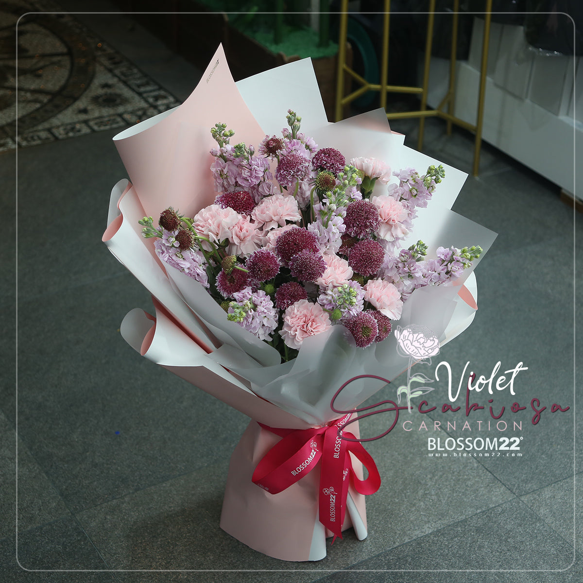 粉康乃馨紫羅蘭松蟲草花束|Pink Carnation Hoary Stock  Scabiosa Bouquet