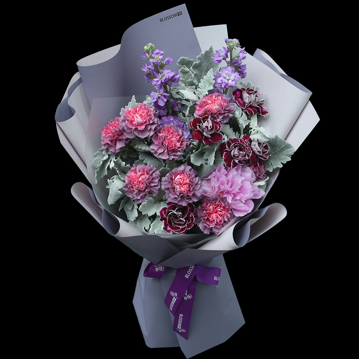 12 混色紫色康乃馨紫羅蘭牡丹花束|12 Mixed Purple Carnation Hoary Stock Peony Bouquet
