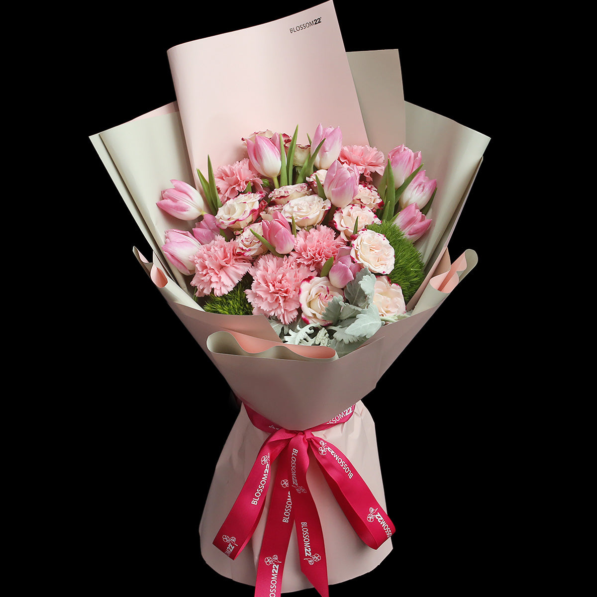 10枝 淺粉紅鬱金香小玫瑰康乃馨花束|10 Light Pink Tulips, Mini Rose & carnation Bouquet 母親節花 花束 bouquet 鮮花束 BLOSSOM22