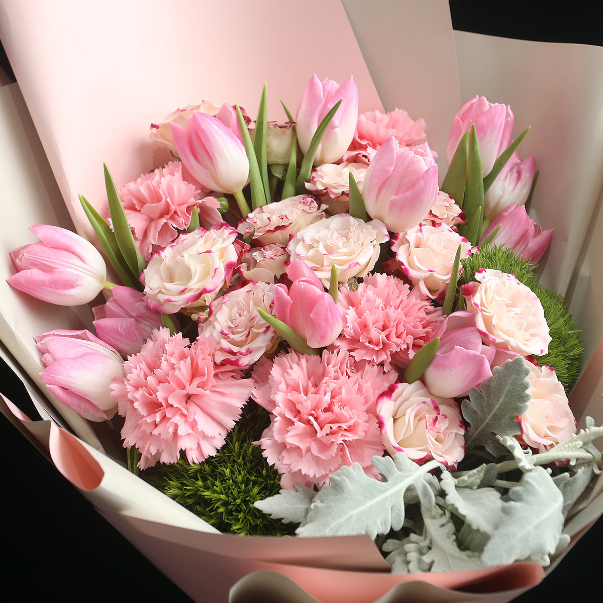 10枝 淺粉紅鬱金香小玫瑰康乃馨花束|10 Light Pink Tulips, Mini Rose & carnation Bouquet 母親節花 花束 bouquet 鮮花束 BLOSSOM22