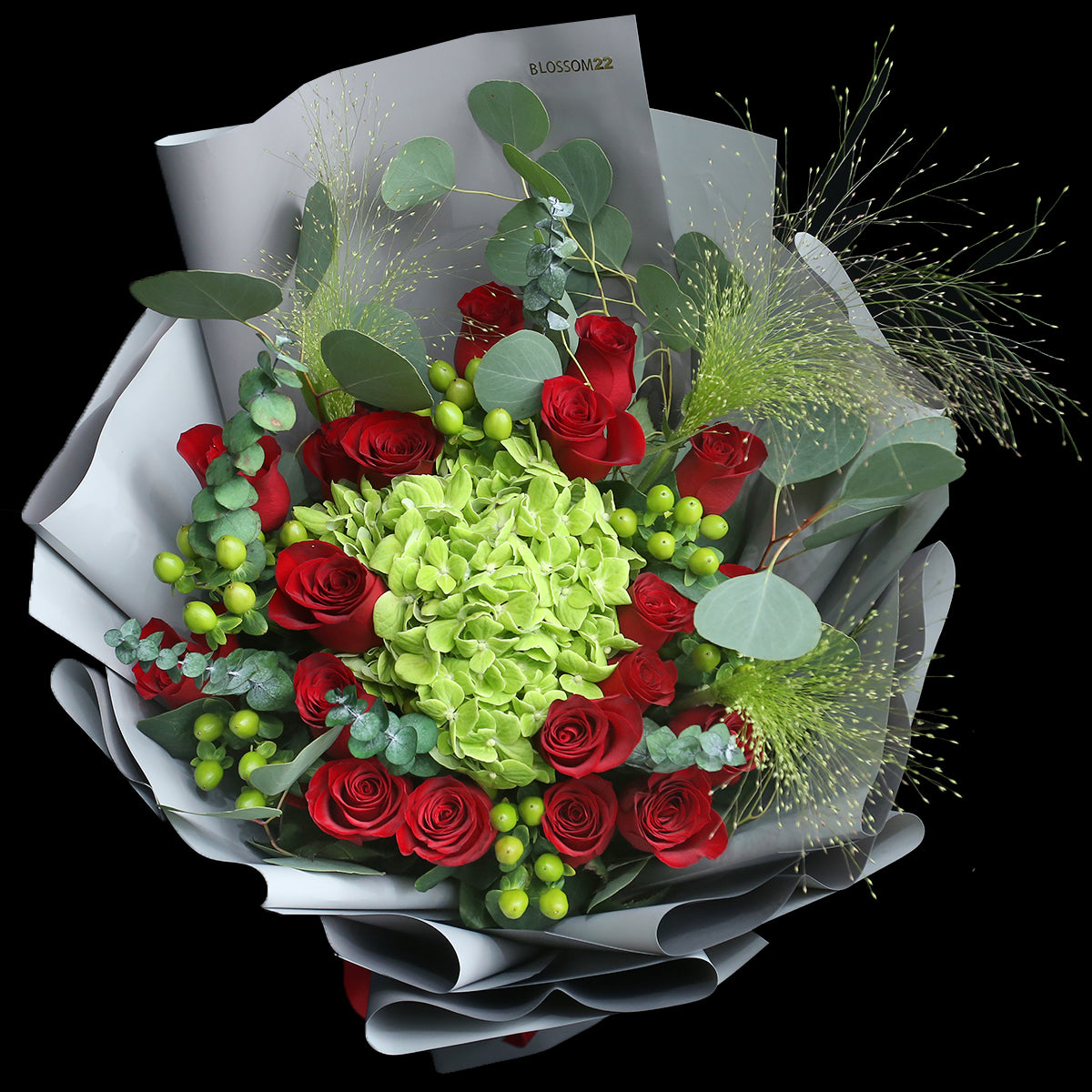 19枝 紅玫瑰青綠繡球花束|19 Red Roses & Lime Green Hydrangea Bouquet(Bell Pepper) 花束 bouquet 鮮花束 BLOSSOM22