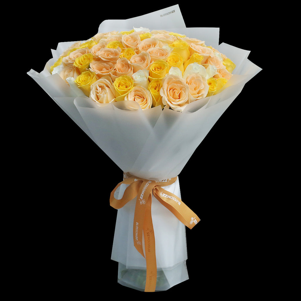 99枝 香檳黃白玫瑰花束｜99 Mango Pomelo Sago Bouquet (楊枝金露)｜情人節花 fresh bouquet 鮮花束 Blossom22°