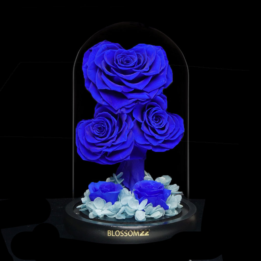 藍心型玫瑰保鮮花瓶｜Blue Heart Roses Preserved Flower Bell Jar  Blossom22hk