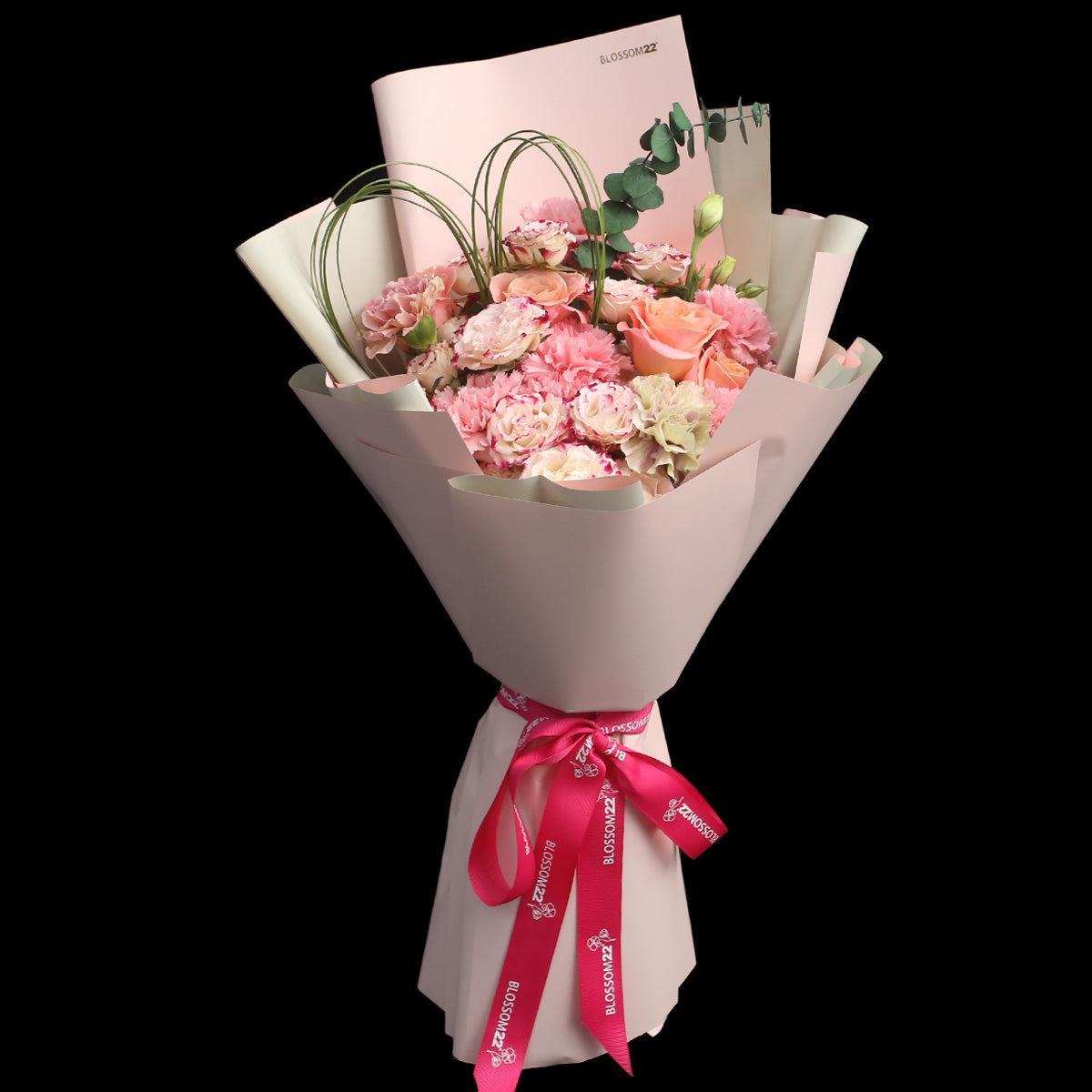 嫩粉玫瑰混丁粉小玫心型花束|Miss Piggy Roses, Carnation, Mini Roses (Piggy Heart)母親節花 fresh bouquet 鮮花束 BLOSSOM22