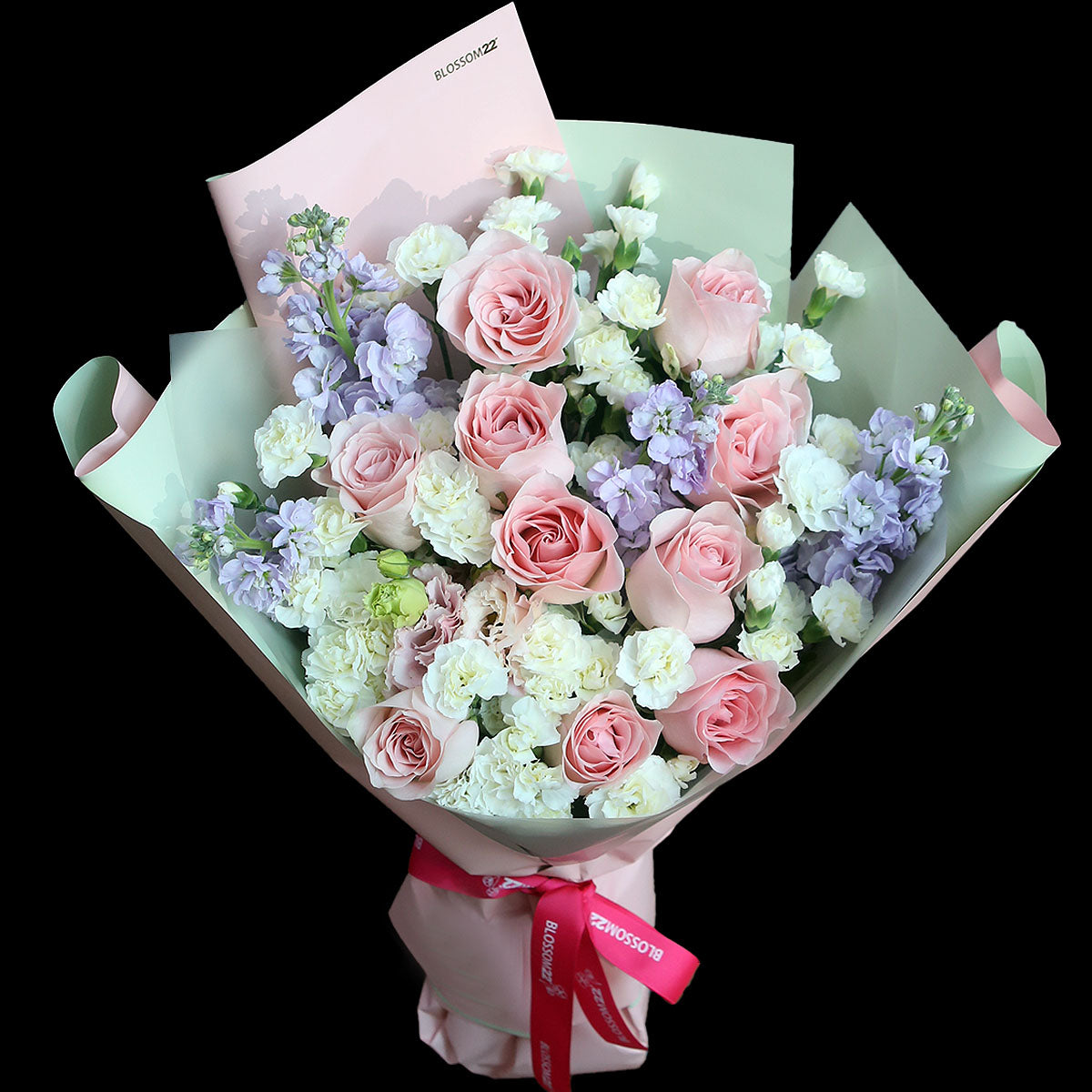 粉玫瑰紫羅蘭多頭康乃馨花束｜Pink Rose, Spray Carnation & Stock Bouquet 花束 香港花店 Blossom22°