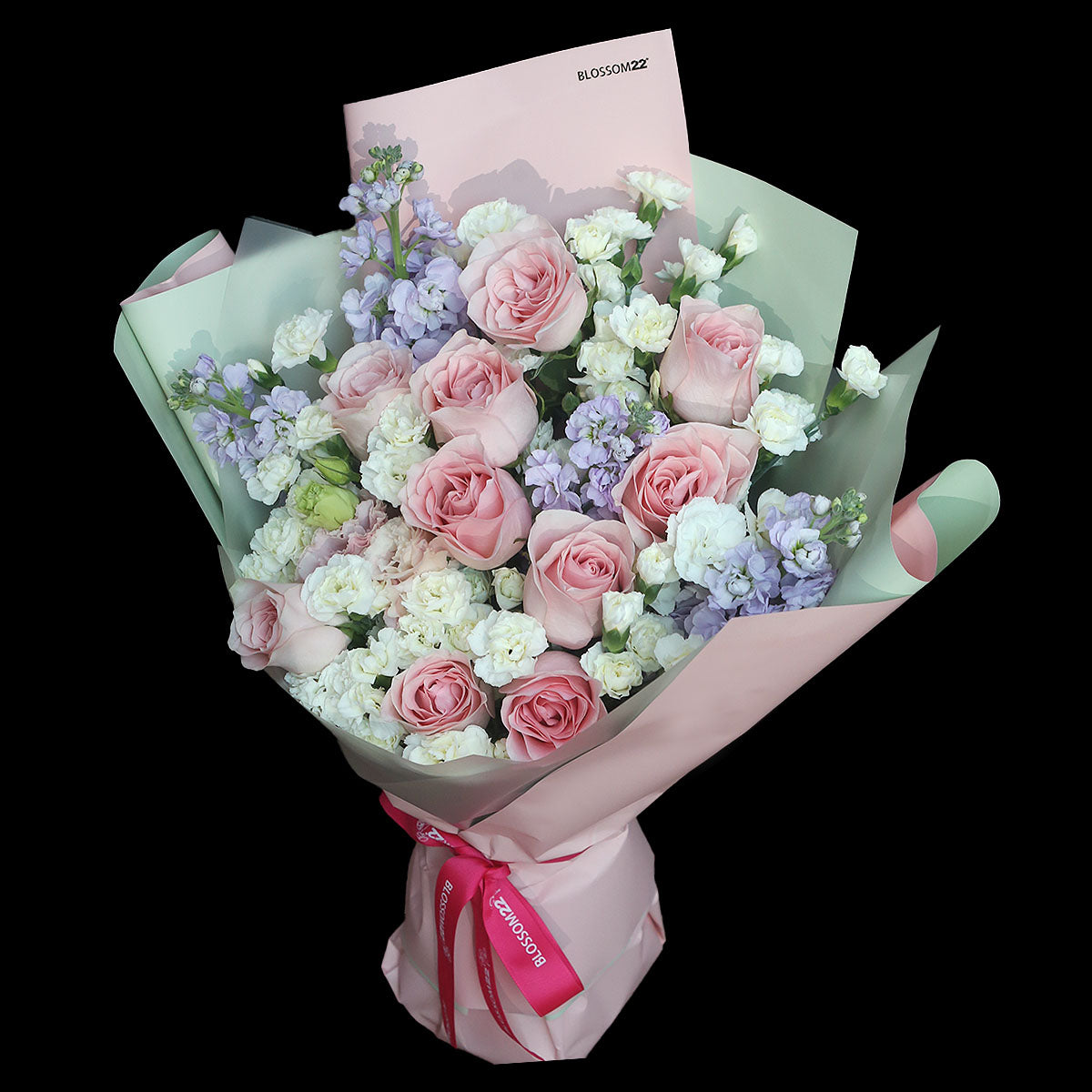 粉玫瑰紫羅蘭多頭康乃馨花束｜Pink Rose, Spray Carnation & Stock Bouquet 花束 香港花店 Blossom22°