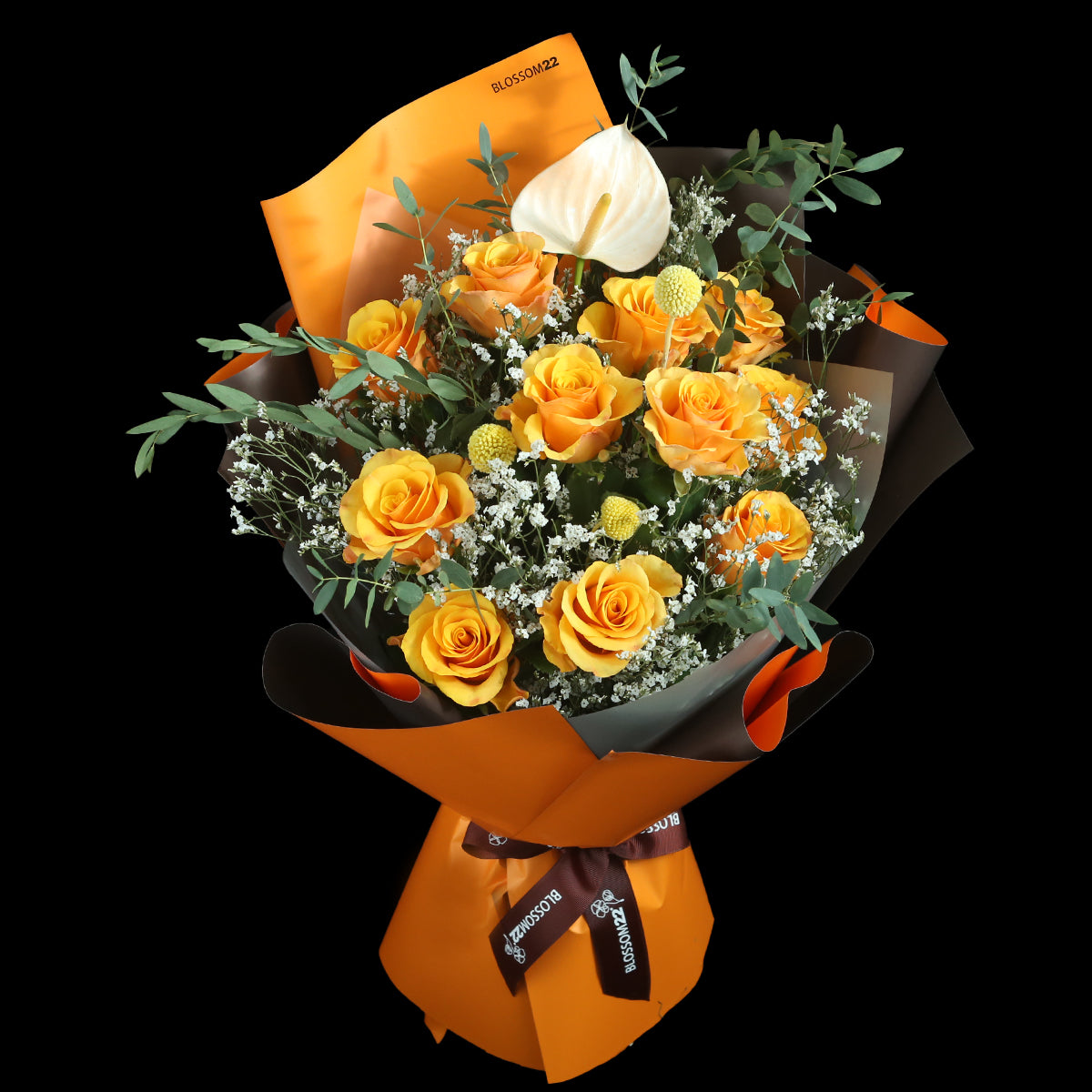 12橙色玫瑰白掌花束｜Orange Roses Peace Lily Bouquet