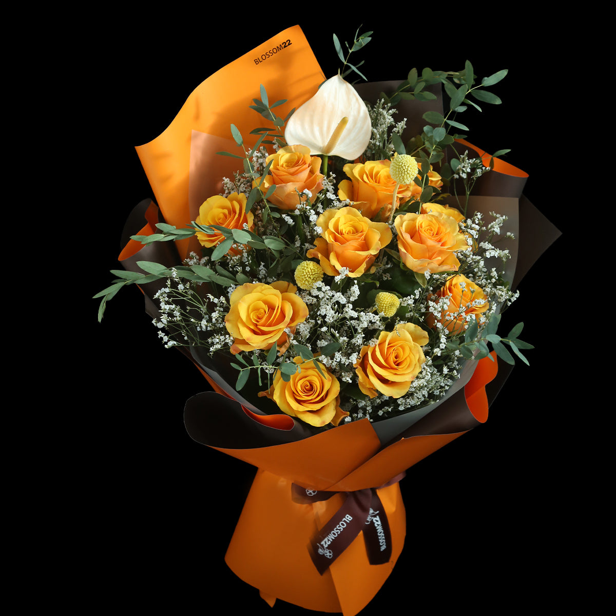 12橙色玫瑰白掌花瓶禮盒｜Orange Roses Peace Lily Vase Boxset