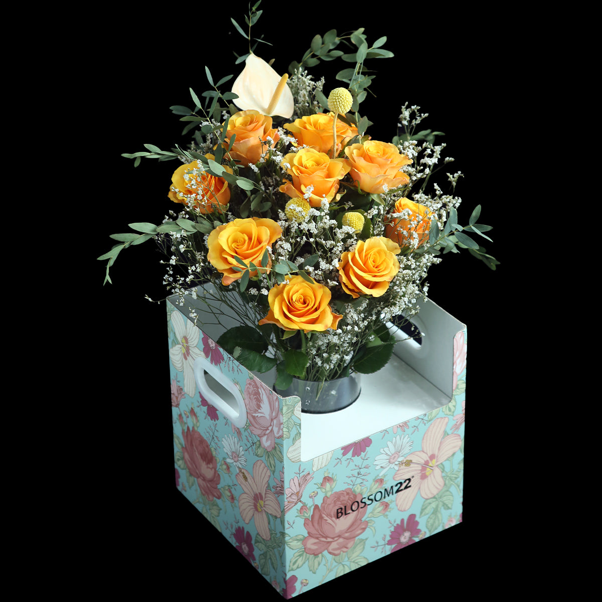 12橙色玫瑰白掌花瓶禮盒｜Orange Roses Peace Lily Vase Boxset