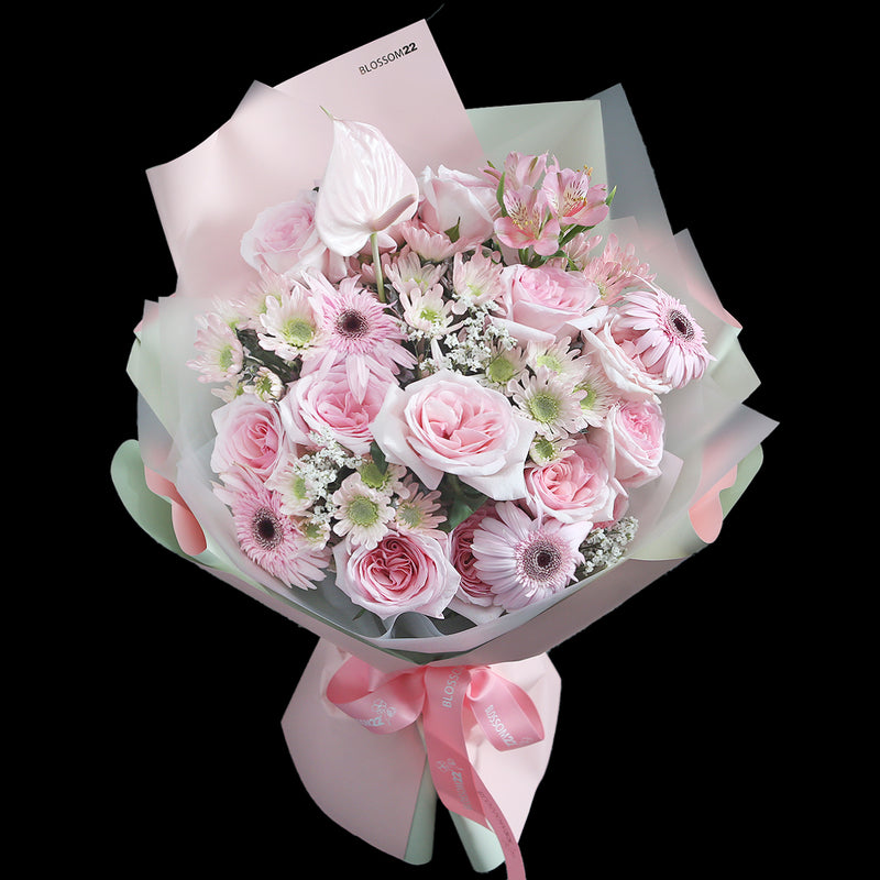 12淺粉庭園玫瑰非洲菊粉掌花瓶禮盒｜Pink Ohara Garden Roses Barberton daisy Vase Boxset (Barbie)