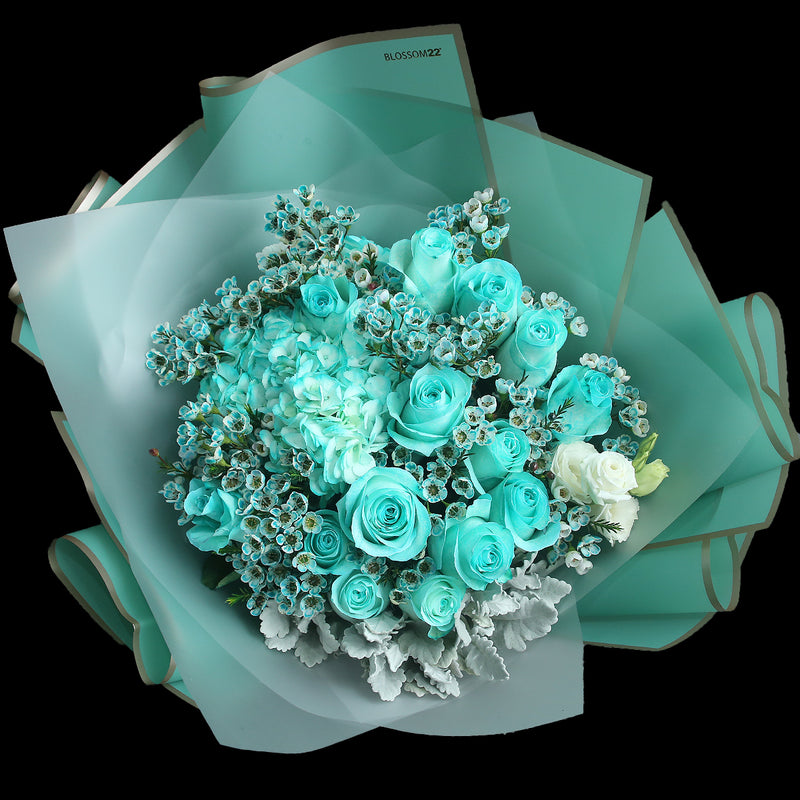 19枝 蒂芬妮玫瑰繡球蠟梅花束 ｜19 Tiffany Blue Rose Hydrangea Wax Flower bouquet (Tiffany Blue Combo)