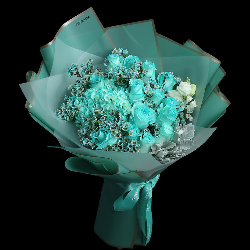 19枝 蒂芬妮玫瑰繡球蠟梅花束 ｜19 Tiffany Blue Rose Hydrangea Wax Flower bouquet (Tiffany Blue Combo)