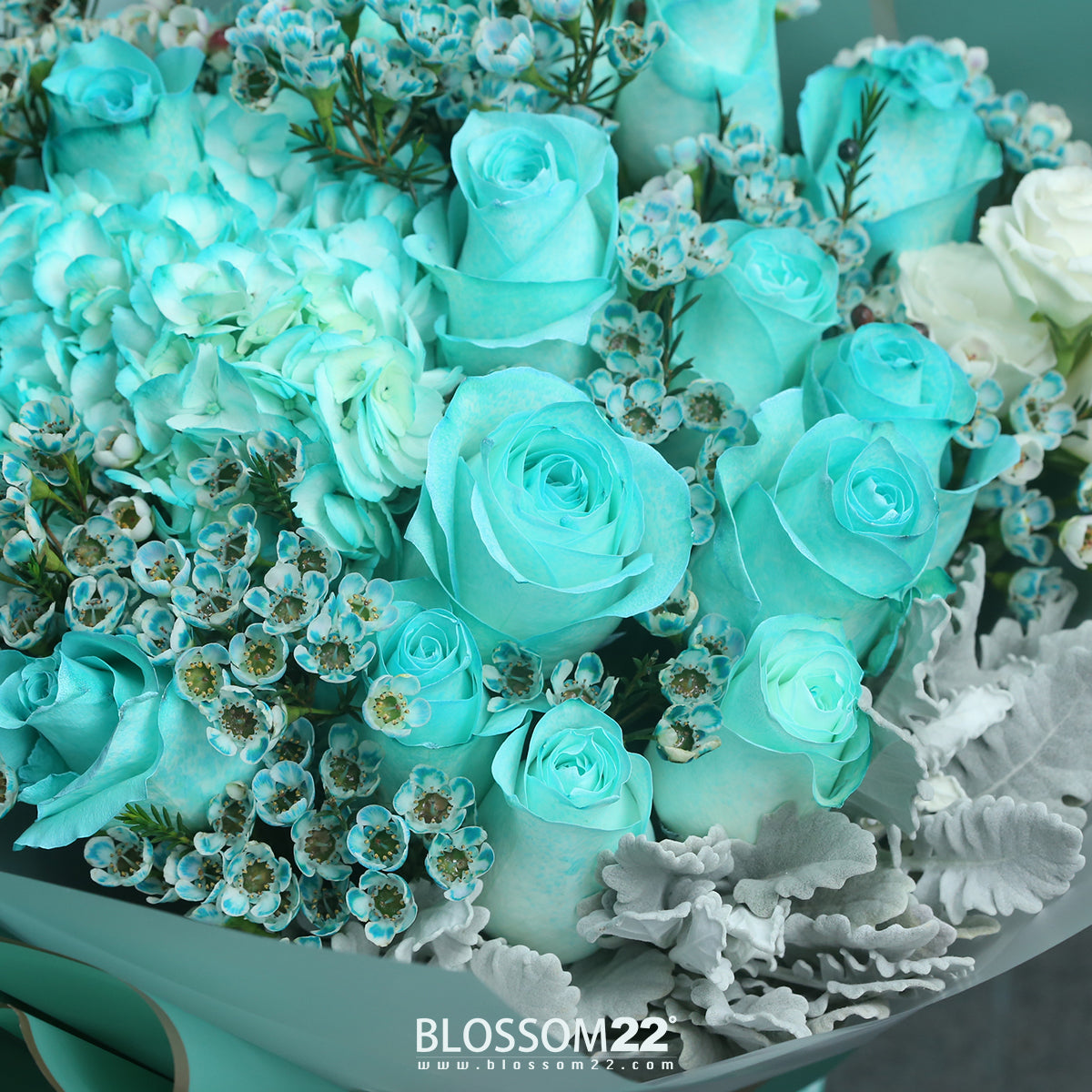 19枝 蒂芬妮玫瑰繡球蠟梅花束 ｜19 Tiffany Blue Rose Hydrangea Wax Flower bouquet (Tiffany Blue Combo)