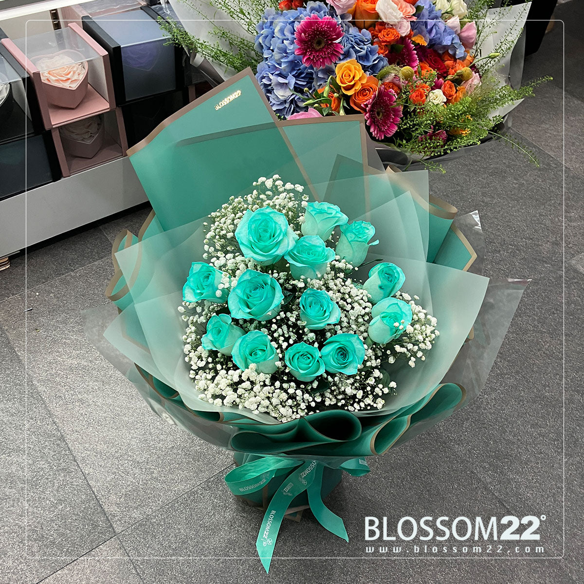 12枝 蒂芬妮藍玫瑰花束｜12 Tiffany Blue Dyeing Rose bouquet（520花束）