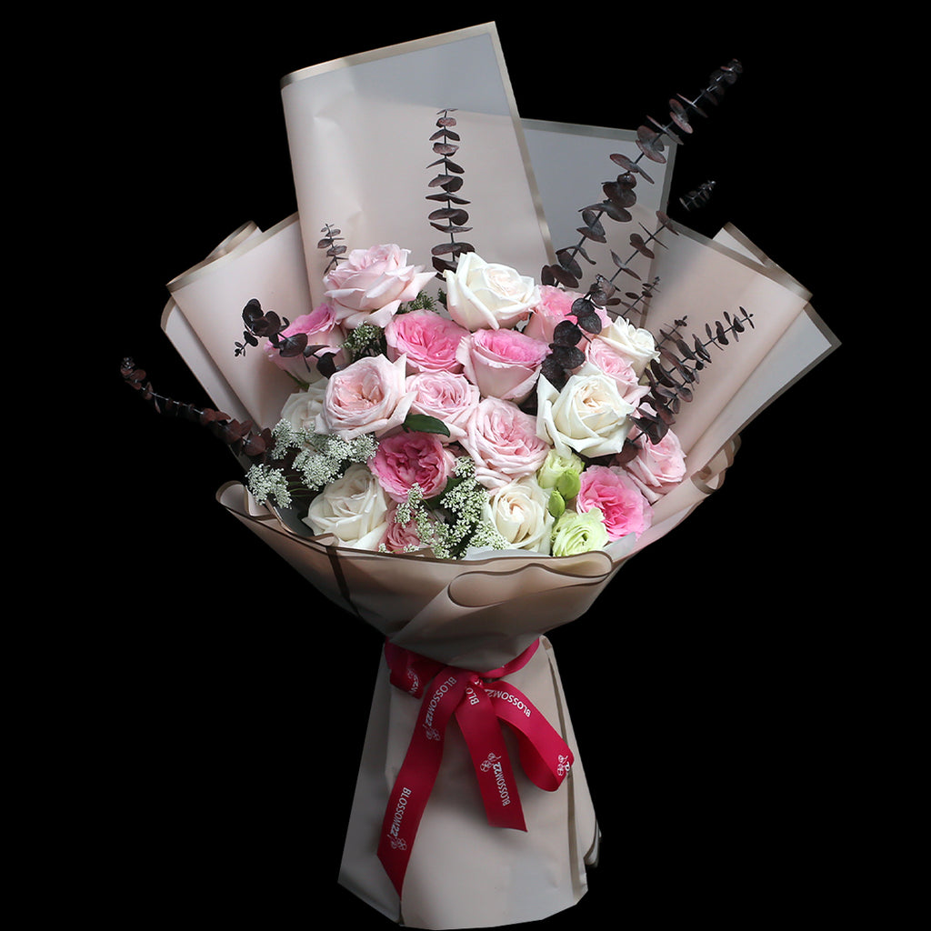 19枝 混合粉色庭園玫瑰及桔梗花束｜19 Mixed Pink Garden Rose ＆ Eustoma (Whole Garden)