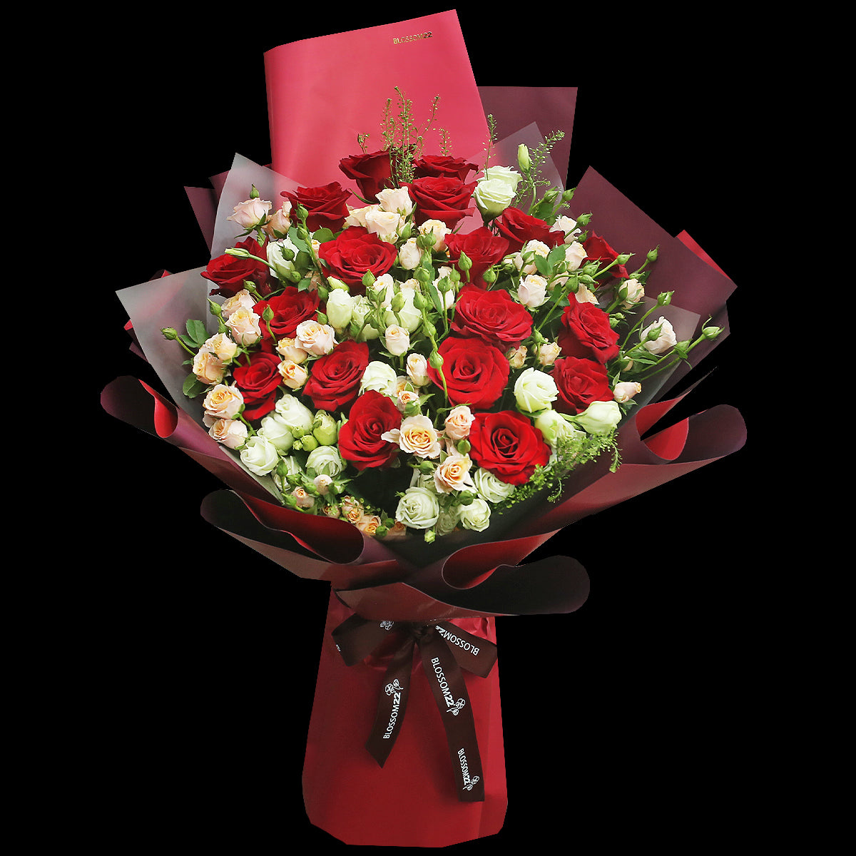 19枝 厄瓜多爾大頭紅玫瑰香檳小玫瑰花束｜19 Large Head Red Roses with mini Champagne Rose Bouquet (Explorer)