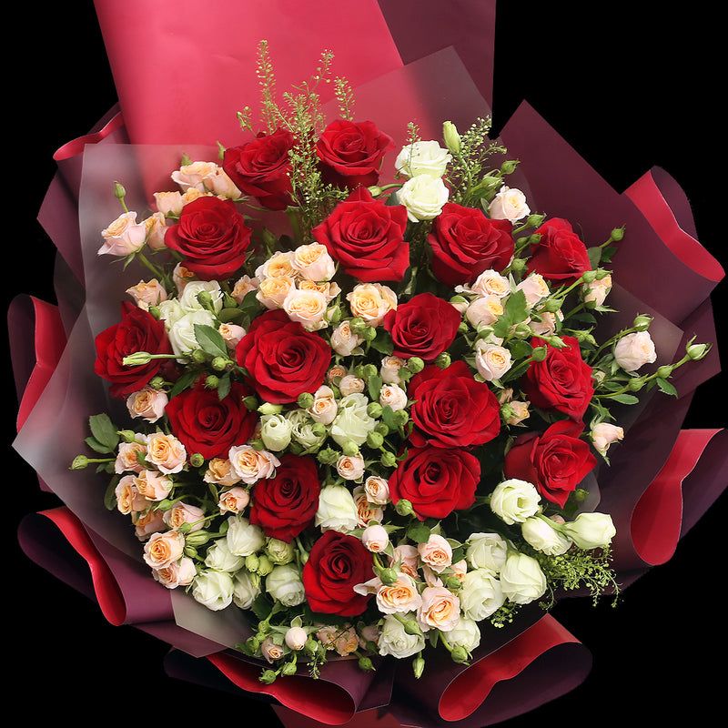 19枝 厄瓜多爾大頭紅玫瑰香檳小玫瑰花束｜19 Large Head Red Roses with mini Champagne Rose Bouquet (Explorer)