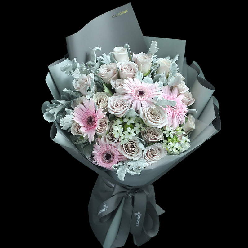 19枝 灰粉玫瑰天鵝絨非洲菊花束 ｜19 Grey Pink Rose Wonder Flower Barberton Daisy Bouquet