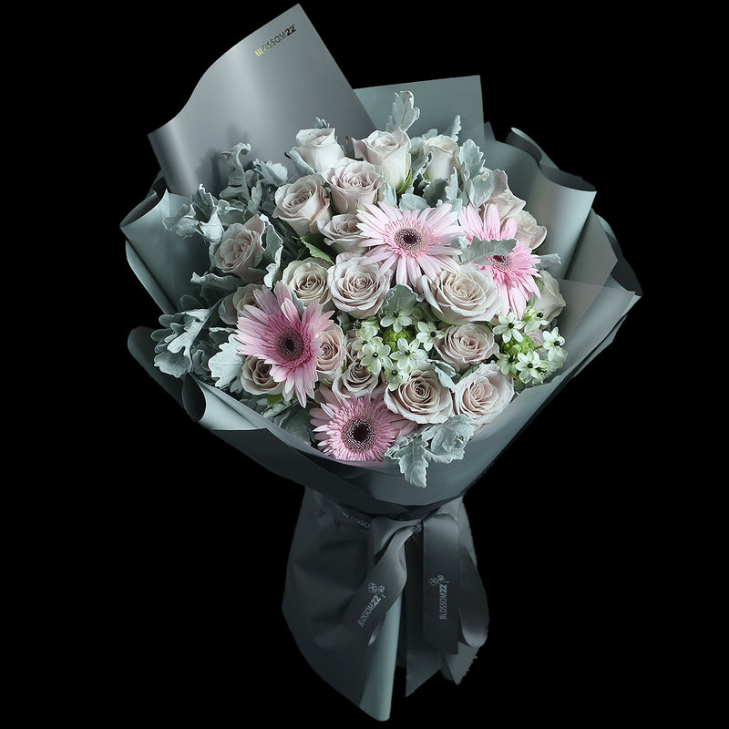 19枝 灰粉玫瑰天鵝絨非洲菊花瓶禮盒 ｜19 Grey Pink Rose Wonder Flower Barberton Daisy Vase Boxset