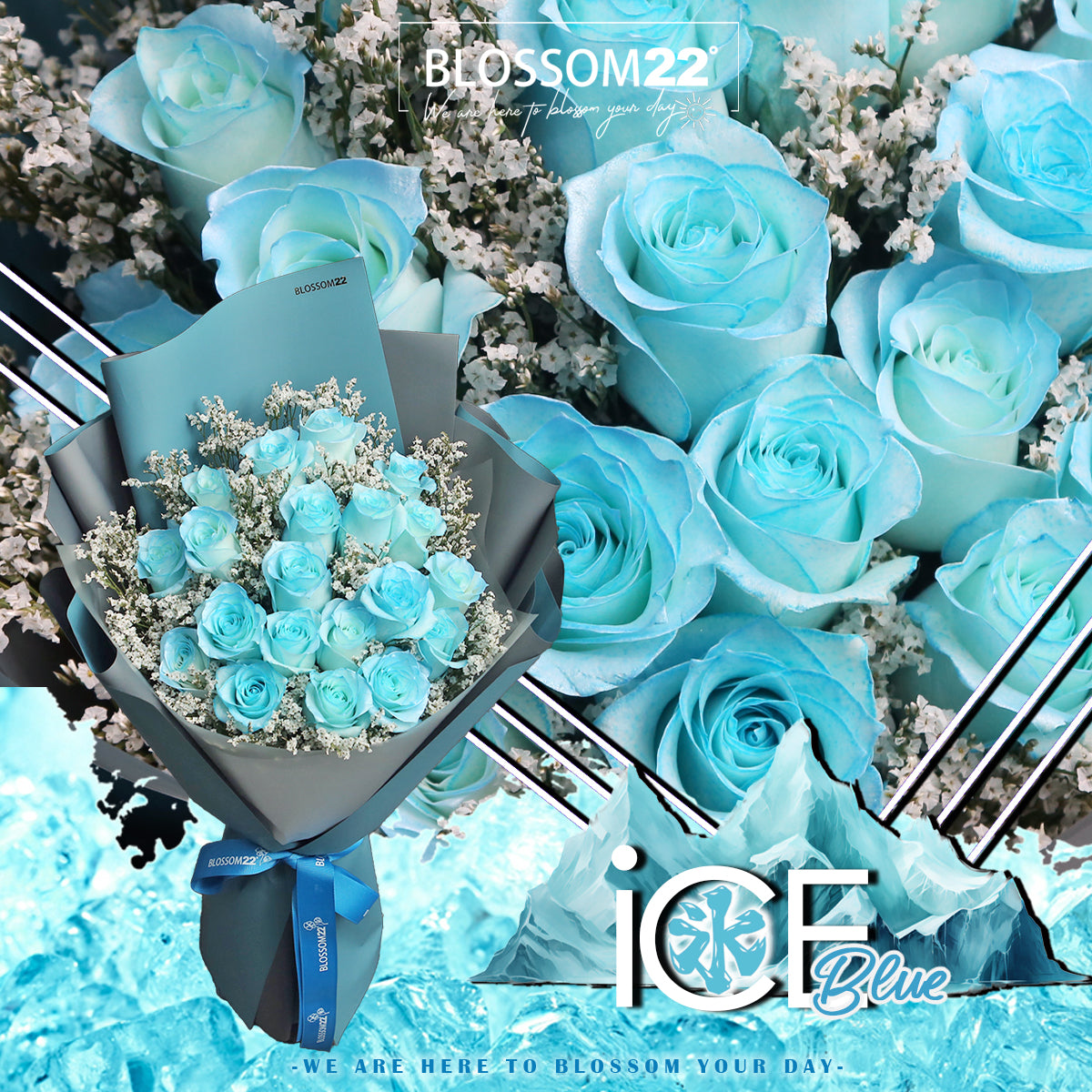 19枝 冰閃藍玫瑰花束｜19 Ice Blue Dyeing Rose bouquet （情人節花束）