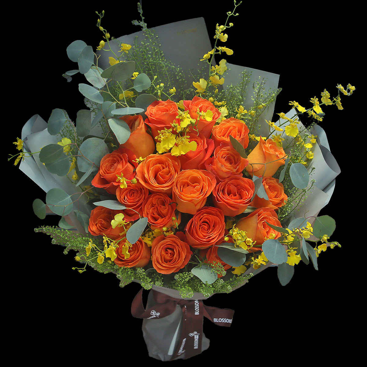 19枝 鮮橙玫瑰跳舞蘭花束｜19 King Orange Roses Dancing Doll Orchid Bouquet