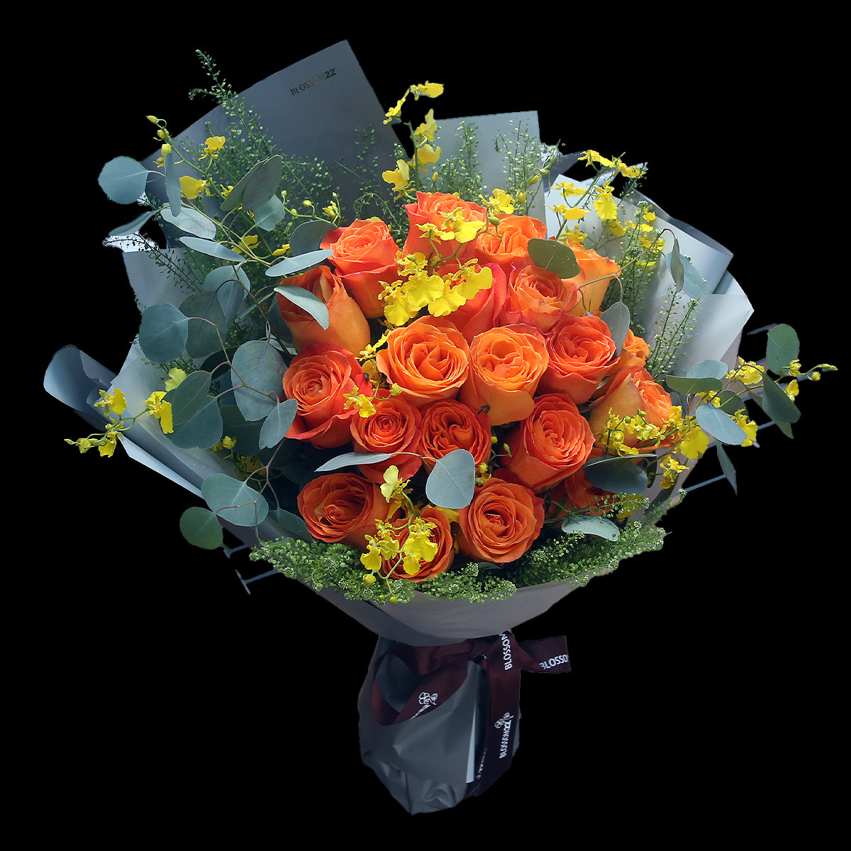 19枝 鮮橙玫瑰跳舞蘭花束｜19 King Orange Roses Dancing Doll Orchid Bouquet