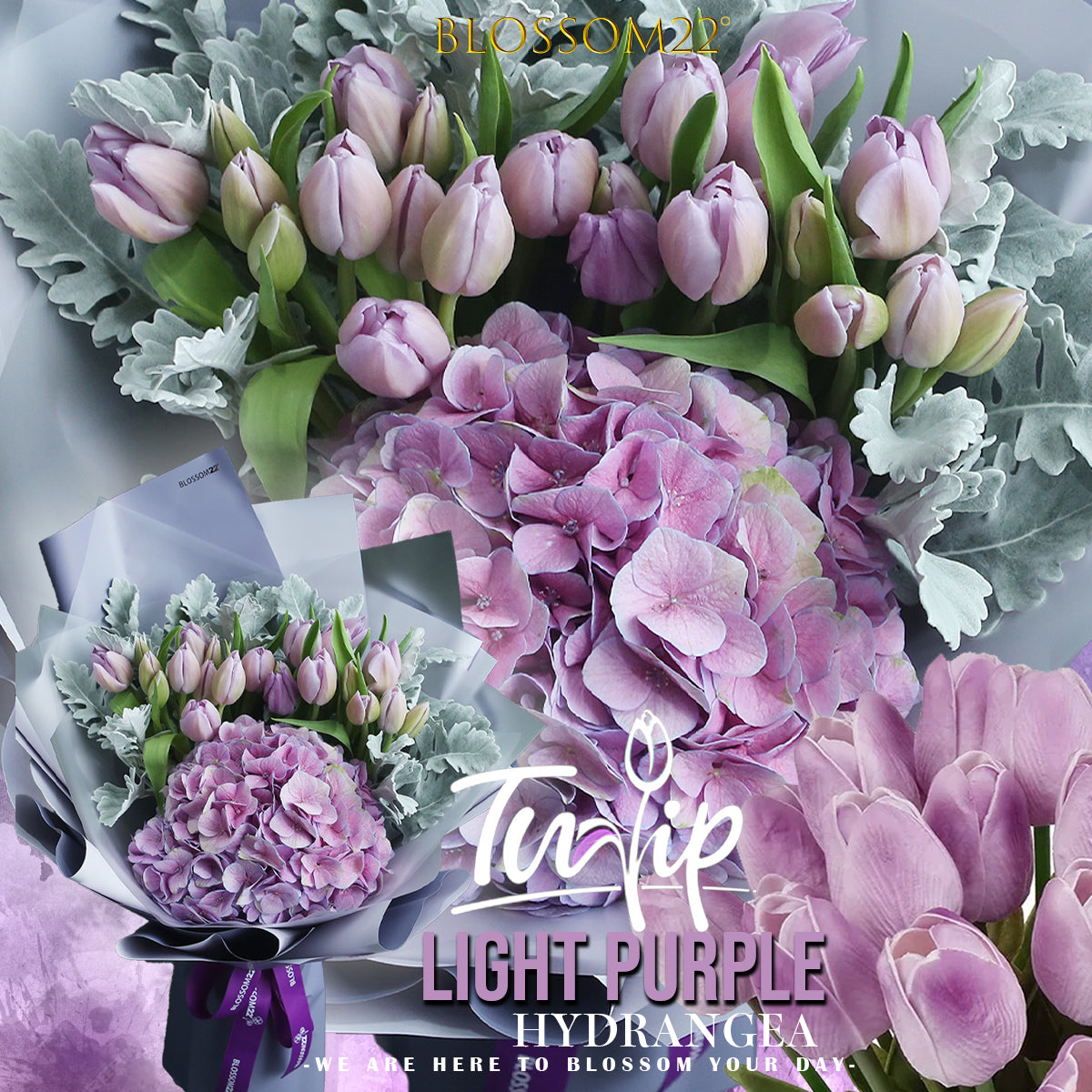 19枝 淺紫鬱金香及繡球花束｜19 Light Purple Tulips ＆ Hydrangea Bouquet