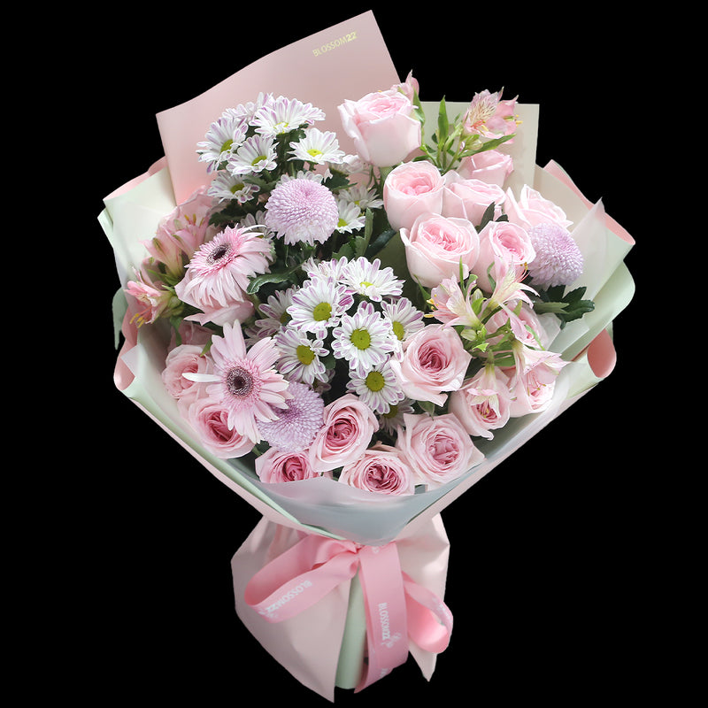19枝 淺粉庭園玫瑰水仙百合非洲菊花束｜19 Pink O'Hara Peruvian Lily Barberton daisy bouquet