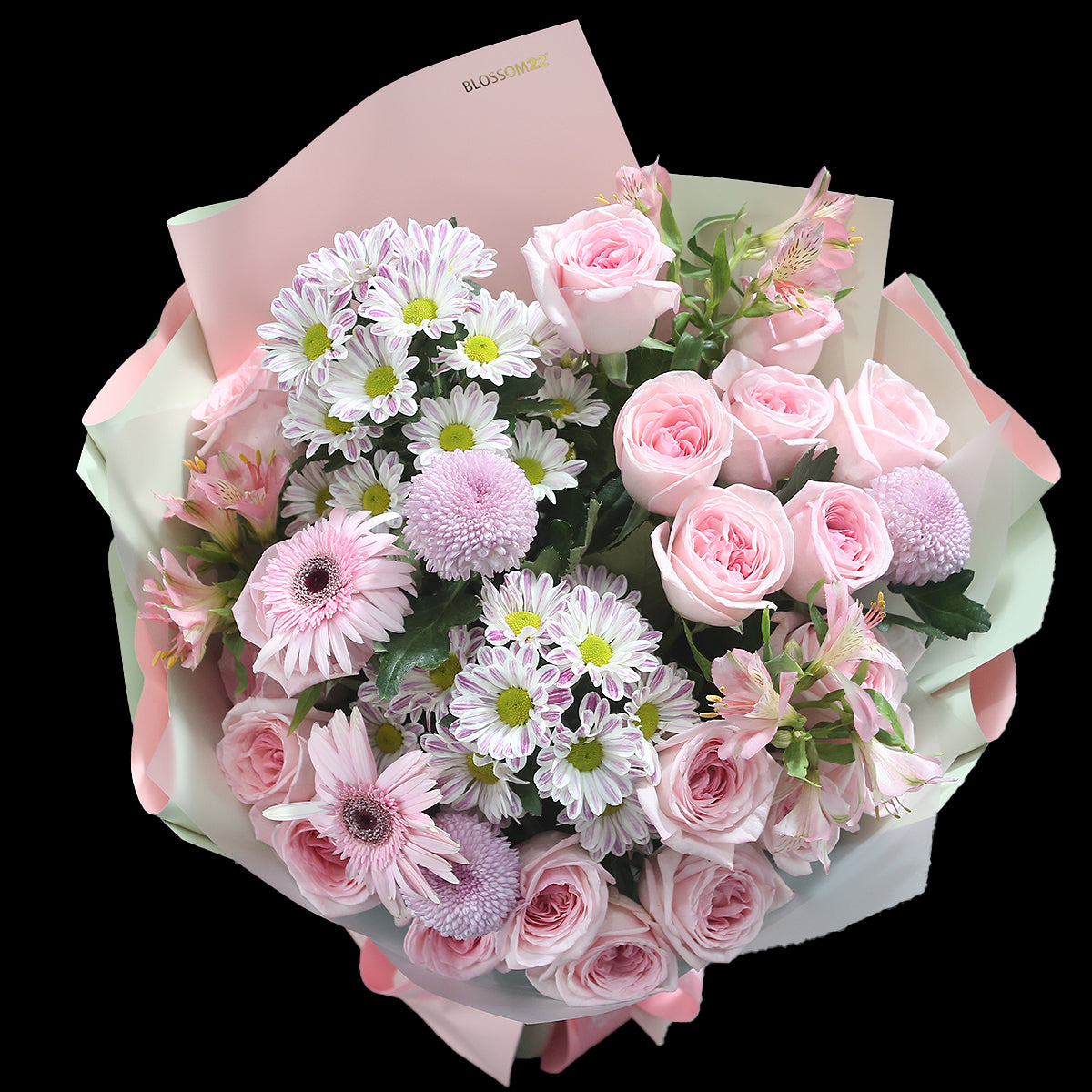 19枝 淺粉庭園玫瑰水仙百合非洲菊花束｜19 Pink O'Hara Peruvian Lily Barberton daisy bouquet