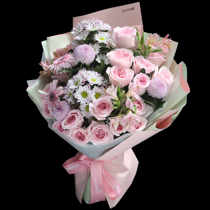 19枝 淺粉庭園玫瑰水仙百合非洲菊花束｜19 Pink O'Hara Peruvian Lily Barberton daisy bouquet