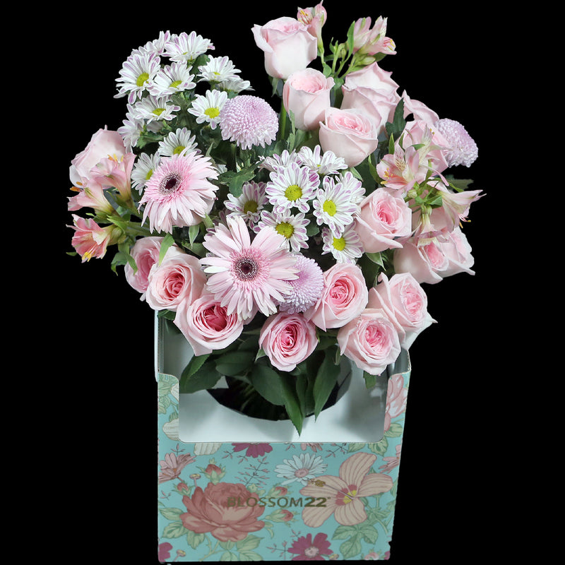 19枝 淺粉庭園玫瑰水仙百合非洲菊花束｜19 Pink O'Hara Peruvian Lily Barberton daisy bouquet