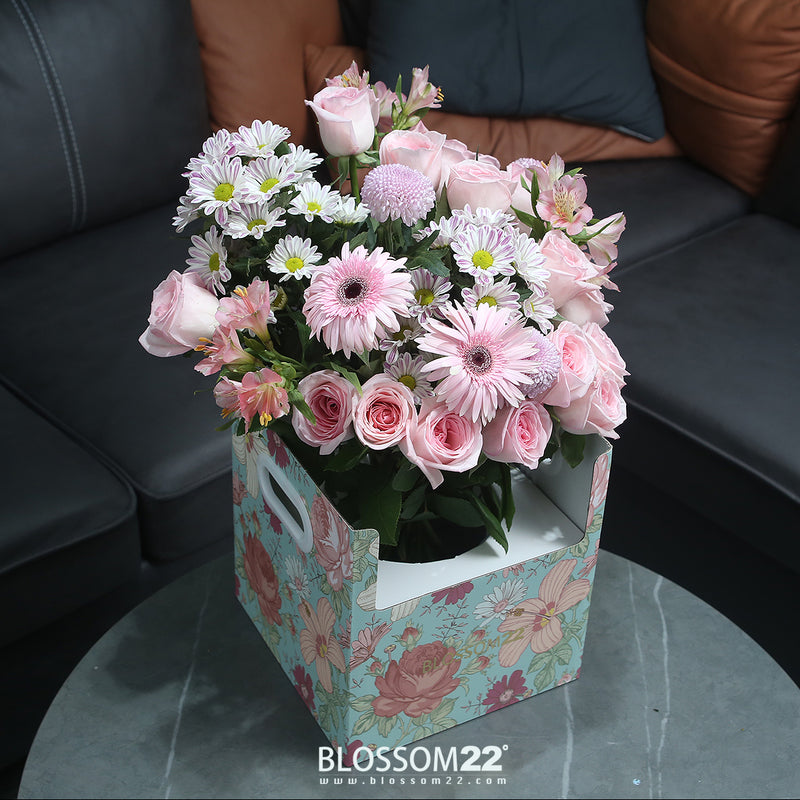 19枝 淺粉庭園玫瑰水仙百合非洲菊花束｜19 Pink O'Hara Peruvian Lily Barberton daisy bouquet