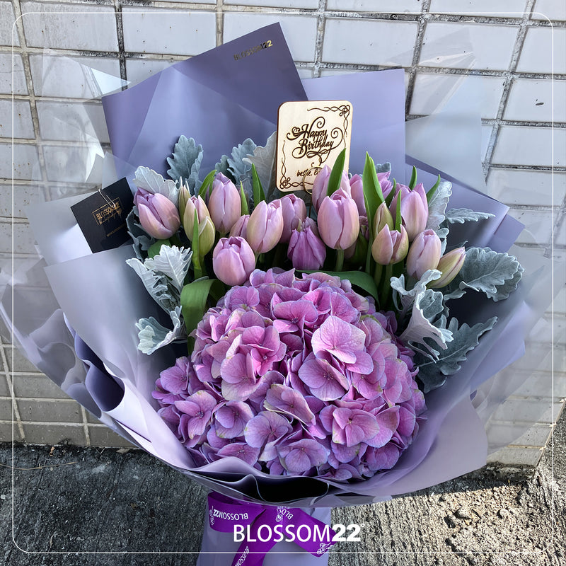 19枝 淺紫鬱金香及繡球花束｜19 Light Purple Tulips ＆ Hydrangea Bouquet