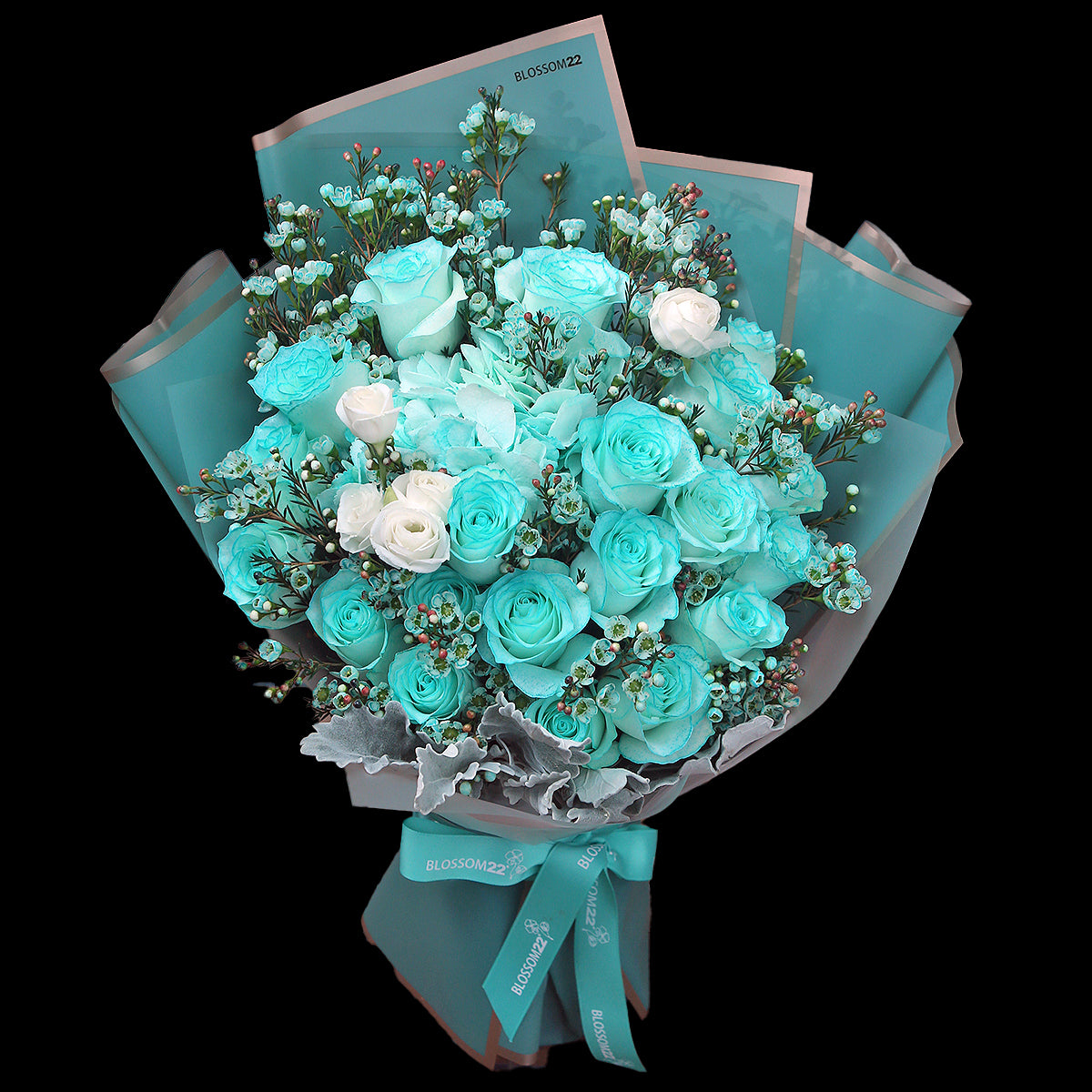 19枝 蒂芬妮玫瑰繡球蠟梅花束 ｜19 Tiffany Blue Rose Hydrangea Wax Flower bouquet (Tiffany Blue Combo)
