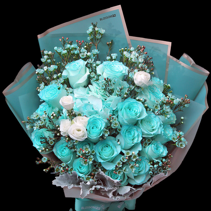19枝 蒂芬妮玫瑰繡球蠟梅花束 ｜19 Tiffany Blue Rose Hydrangea Wax Flower bouquet (Tiffany Blue Combo)