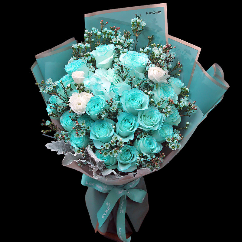 19枝 蒂芬妮玫瑰繡球蠟梅花束 ｜19 Tiffany Blue Rose Hydrangea Wax Flower bouquet (Tiffany Blue Combo)