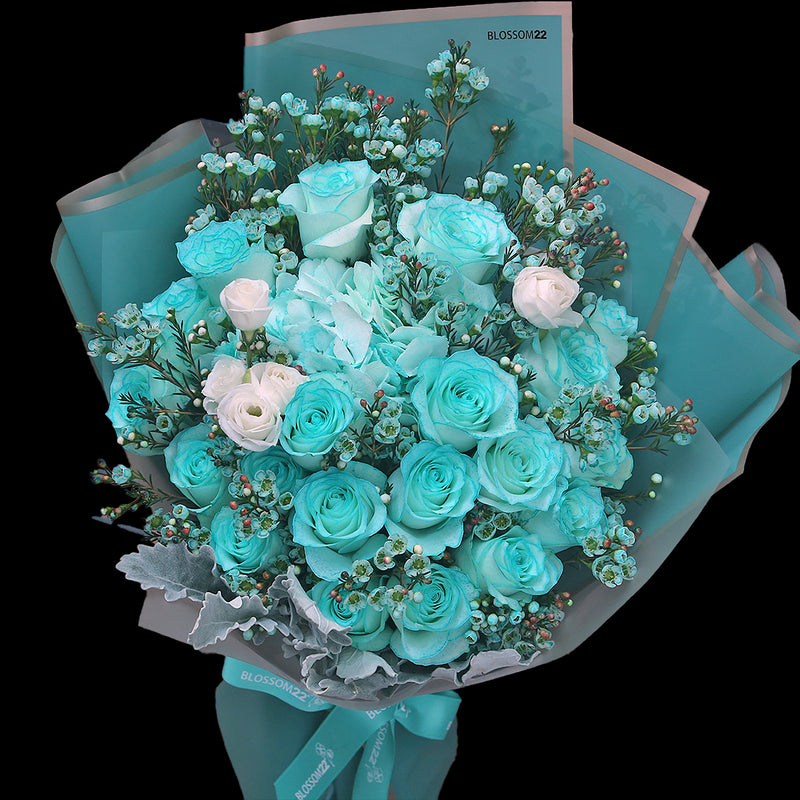 19枝 蒂芬妮玫瑰繡球蠟梅花束 ｜19 Tiffany Blue Rose Hydrangea Wax Flower bouquet (Tiffany Blue Combo)